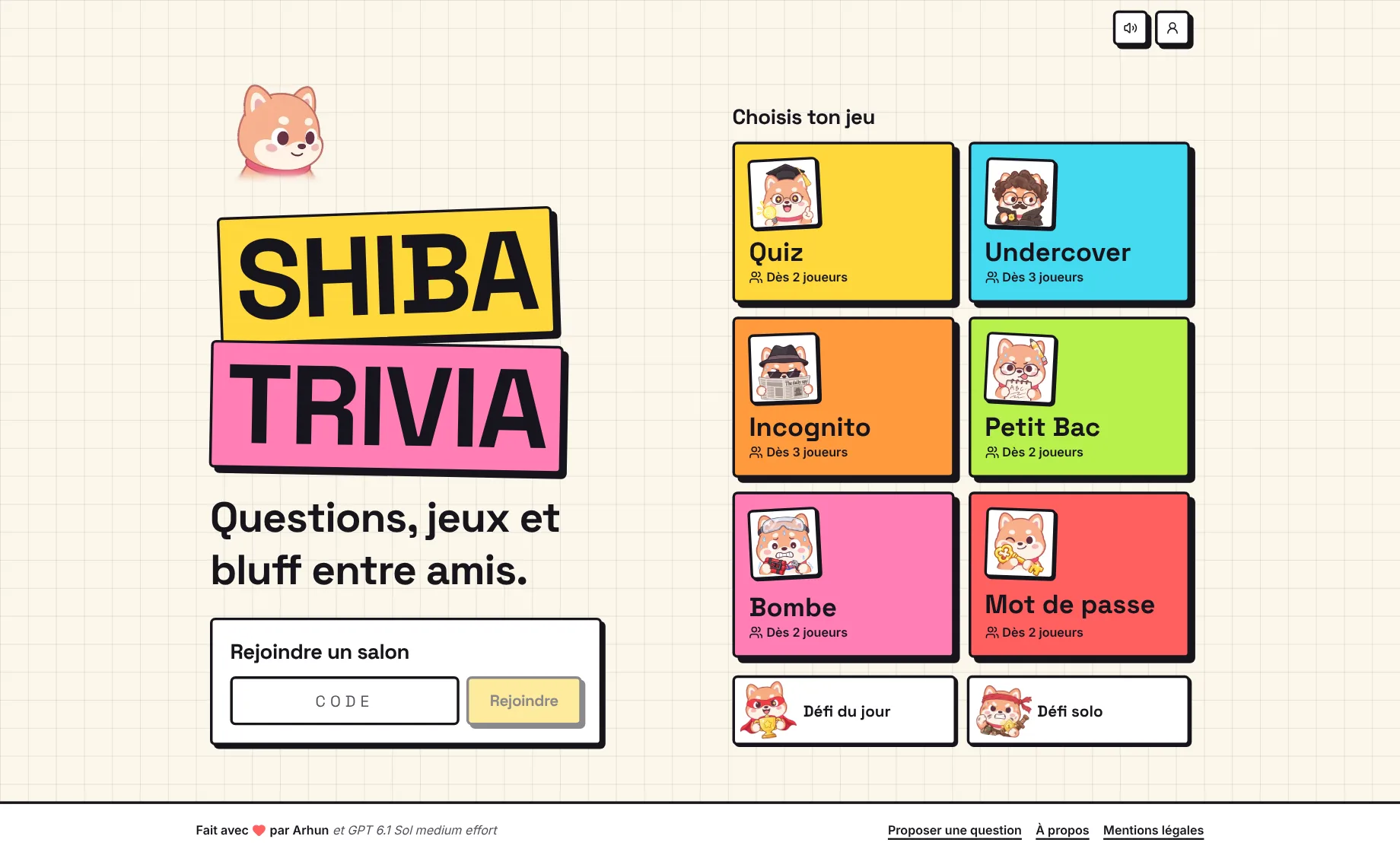 The Shiba Trivia home page and its party games