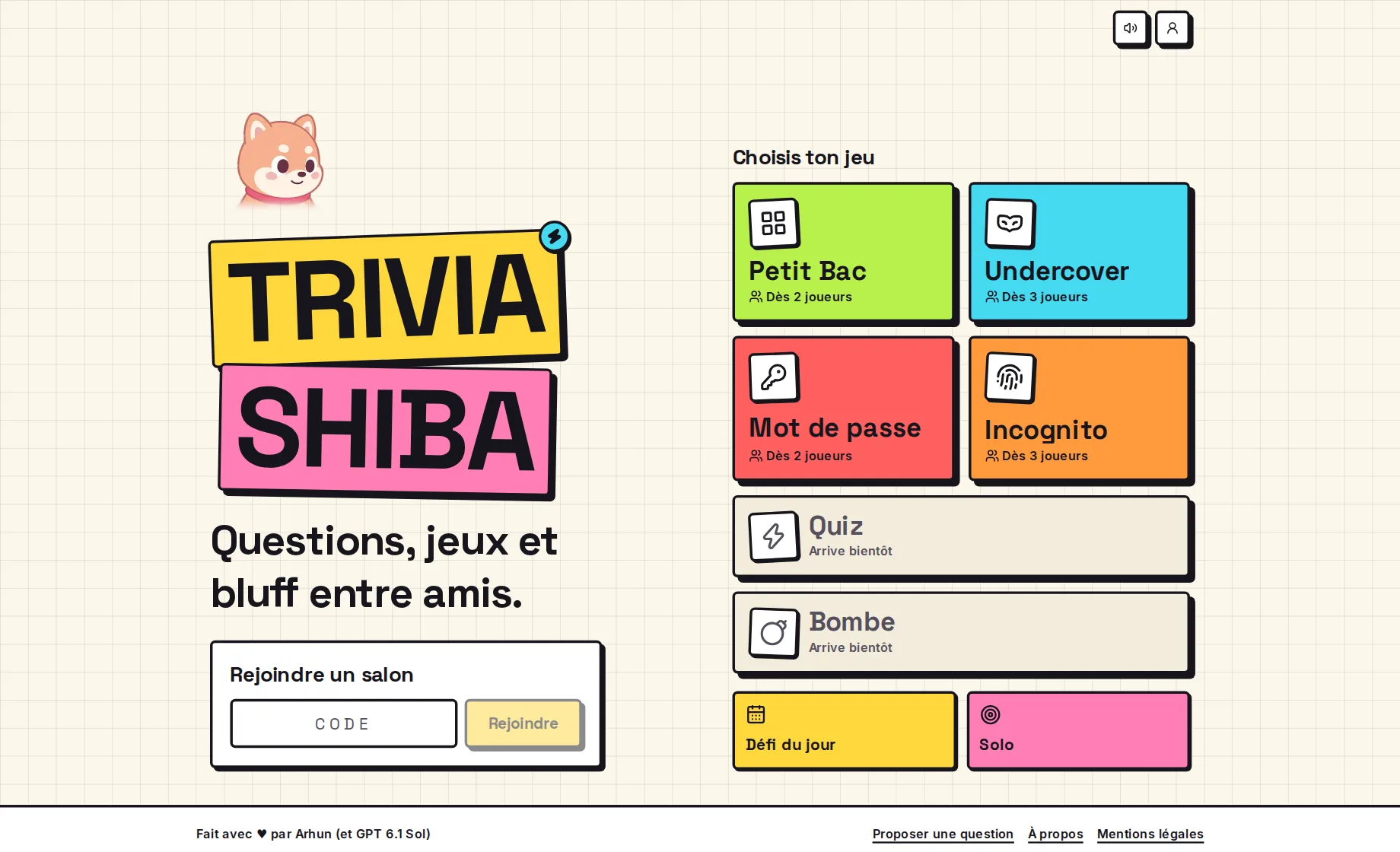The Trivia Shiba home page and its party games